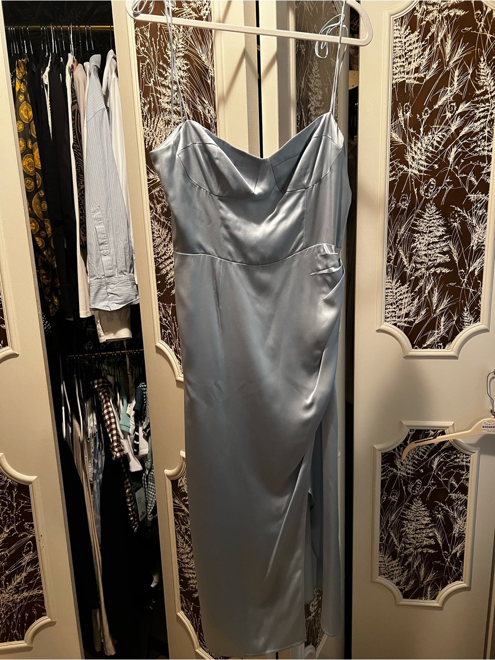 Reformation Satin Slip Midi Dress in Light Blue